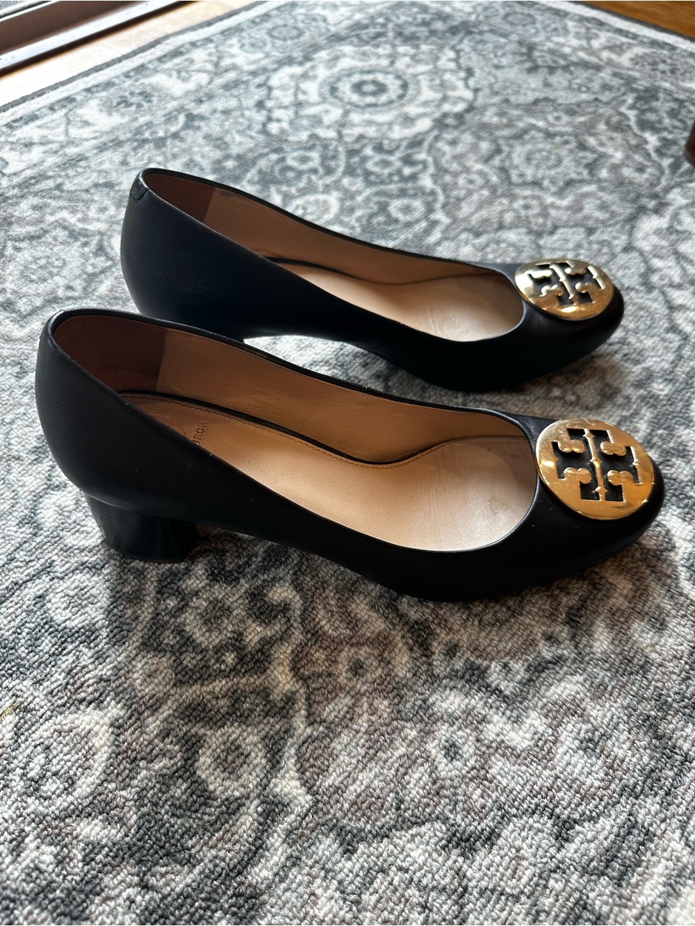 Tory Burch Black Leather Low Block Heel Pumps with Gold Logo